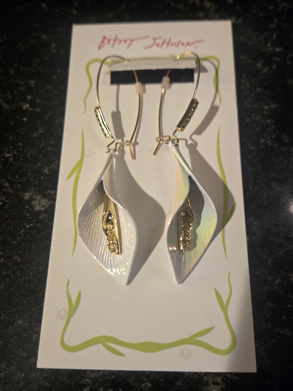 Betsey Johnson Iridescent White Calla Lily Drop Earrings with Gold Accents